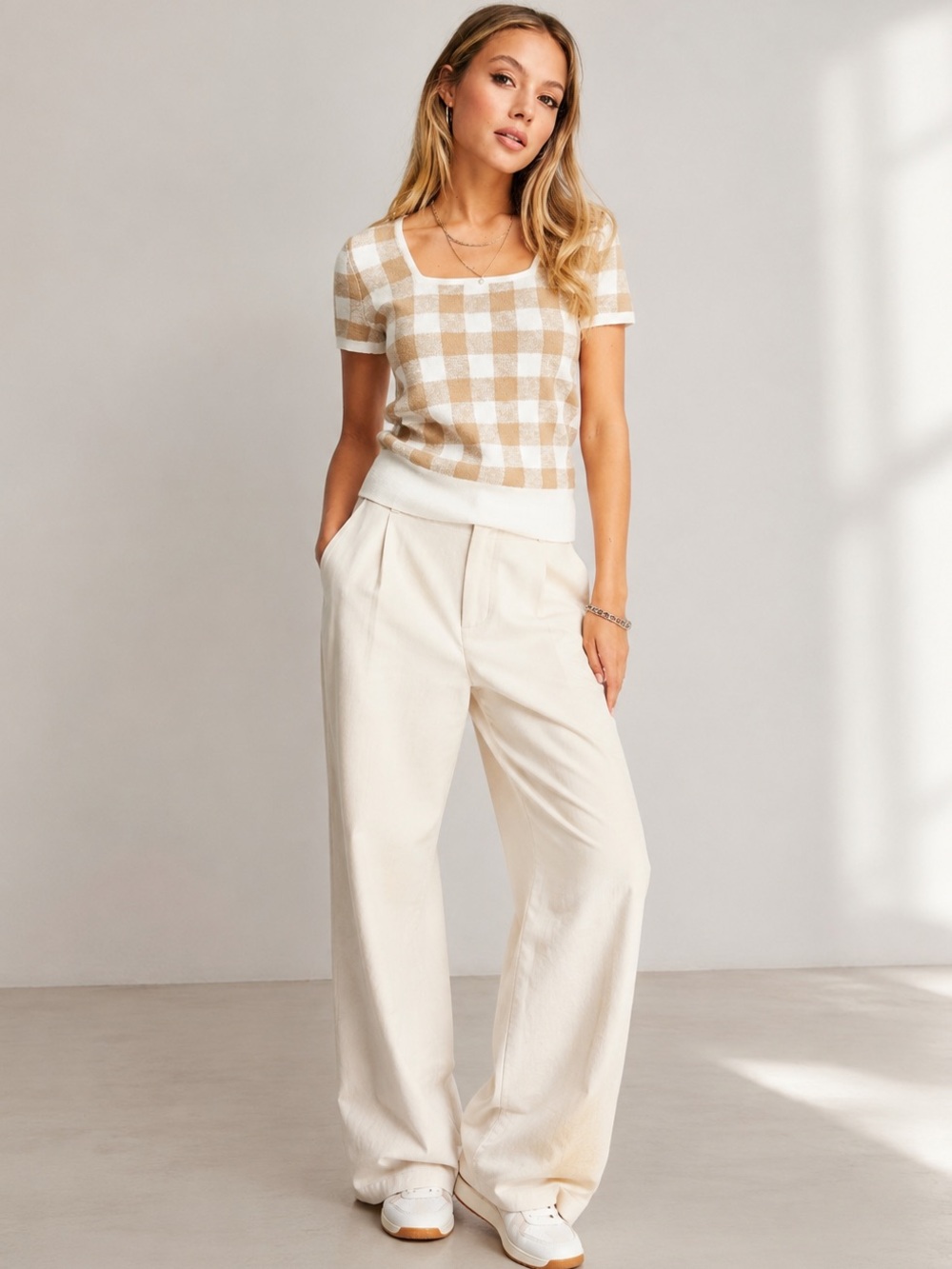Madewell Gingham Check Square Neck Knit Sweater Top Tan Cream Size M